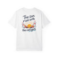 Night Shift Nurse T-Shirt — "The Sun Rises With the Call Lights" Funny Heavyweight Garment-Dyed Tee for RNs & CNAs