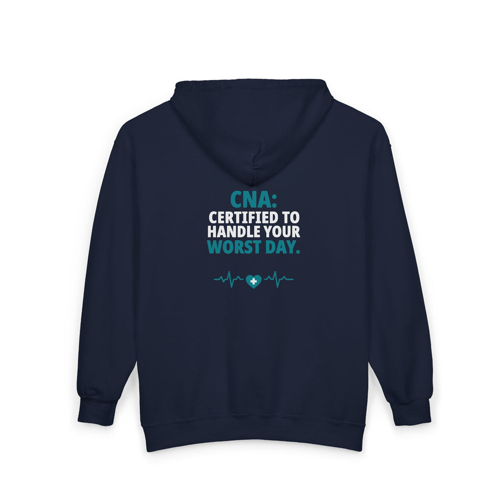 CNA Zip Hoodie — "Certified to Handle Your Worst Day" Funny Nursing Assistant Heavy Blend Full-Zip Hoodie Gift