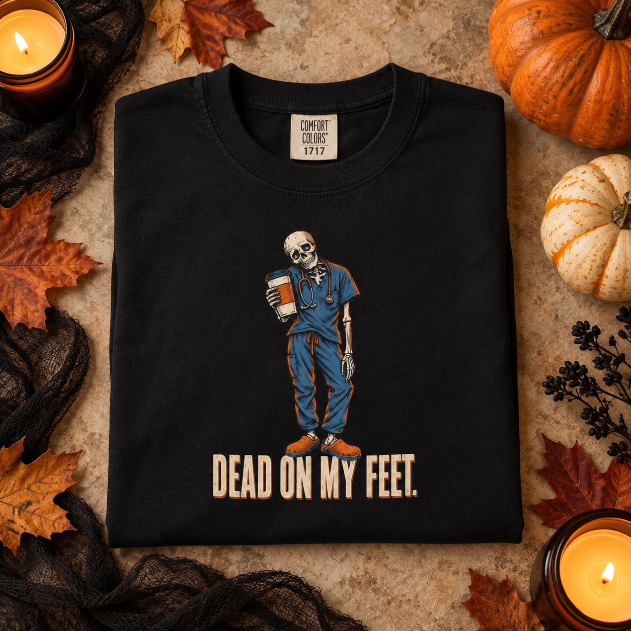 Nurse Halloween Shirt, Dead On My Feet Skeleton Tee, Funny Tired Nurse Gift for Nurses & CNAs, Comfort Colors 12 Hour Shift Humor