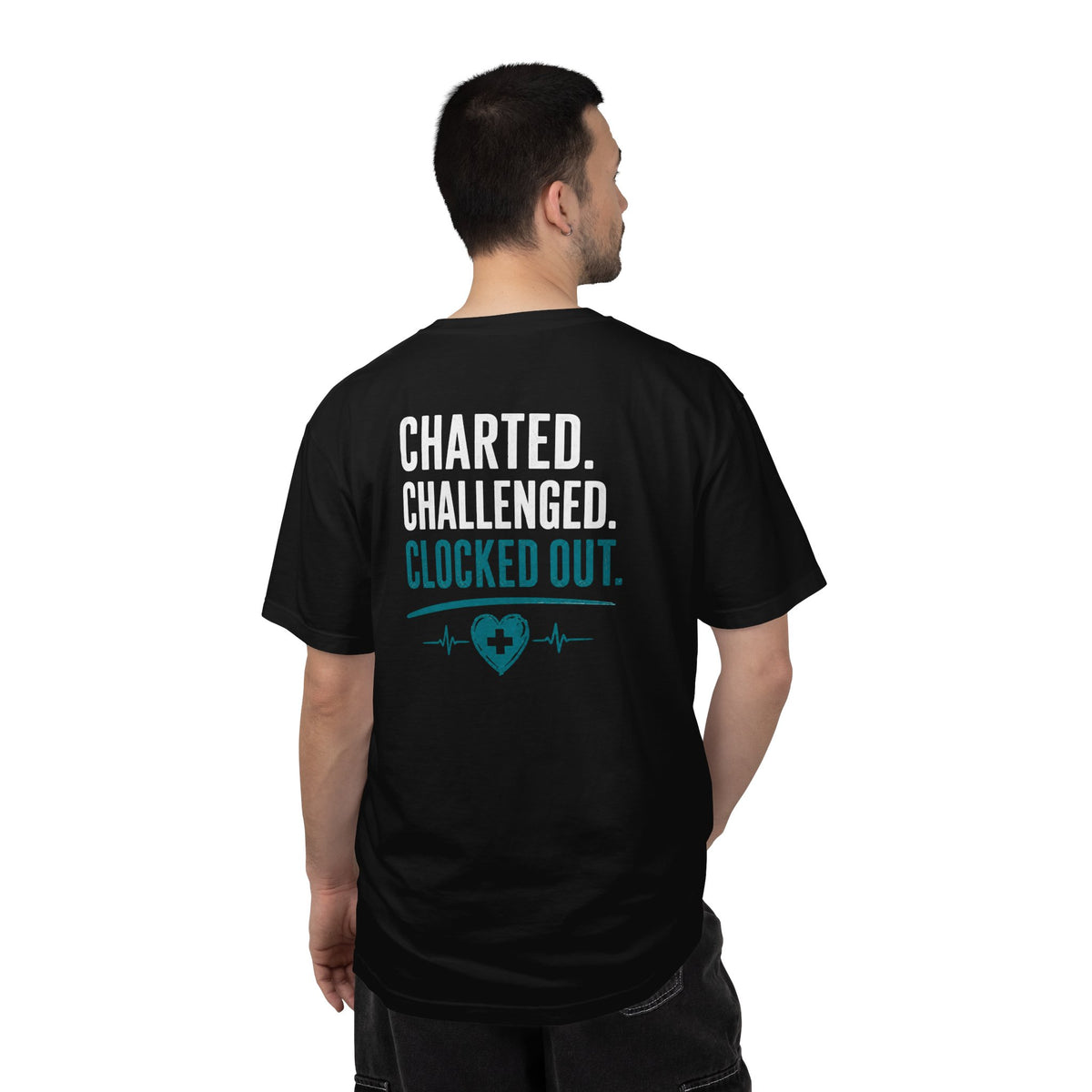 Nurse T-Shirt — "Charted. Challenged. Clocked Out." Funny Unisex Heavyweight Garment-Dyed Tee for RNs & CNAs