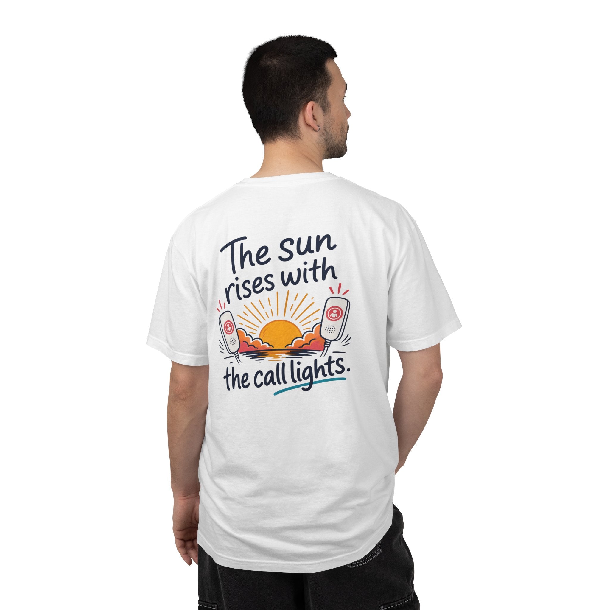 Night Shift Nurse T-Shirt — "The Sun Rises With the Call Lights" Funny Heavyweight Garment-Dyed Tee for RNs & CNAs